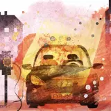 Illustration av laddinfrastruktur för elbilar, med hus och en bil som laddas. Boverket arbetar för en hållbar framtid.