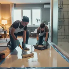 Två personer målar en korkmatta med en roller.