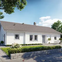 Vitt, modernt betong hus med grå takpannor, omgivet av grönska och träd. En vit bil parkerad på uppfarten.