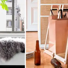 Stilrena påsar för sopsortering i hushåll, med trähandtag och bruna flaskor på golvet.