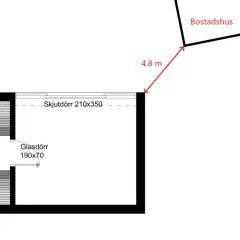 Planritning visar en bastu med glasdörr och skjutdörr. Avstånd till bostadshus är 4.8 m, viktigt för bbr brandskydd.
