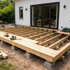 Bygga altan på plintar. Träkonstruktion för en ny altan tar form, med bjälkar vilande på betongplintar. Verktyg och virke ligger redo.