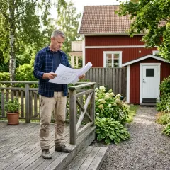 Man granskar ritningar på altanen. Kanske för att undvika en sanktionsavgift för bygglov.