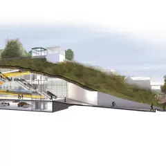 En genomskärning av ett modernt garage under mark med gula rulltrappor och glasfasader. Ovanför syns en grönskande sluttning med byggnader.