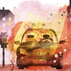 Illustration av laddinfrastruktur för elbilar, med hus och en bil som laddas. Boverket arbetar för en hållbar framtid.
