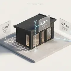 En svart friggebod med måtten 15 m² total yta, 3,0 m nockhöjd max och 4,5 m avstånd till tomtgräns.