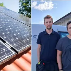 Två män står framför en bil med texten "Energy Installatör". Till vänster syns solceller på ett tak. Viktigt att tänka på brandrisk solceller vid installation.