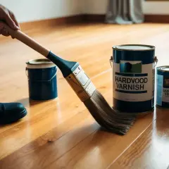 Pensel och burkar med hårdträ **fernissa golv** för en blank finish.