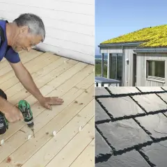 Man bygger altan med trä. Ett hus med grönt tak och skiffertak visar hållbara material.
