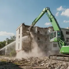 Grön grävmaskin river en byggnad. Vatten sprutas för att dämpa dammet, en del av arbetet för att återvinna betong.