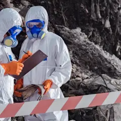 Två personer i skyddsdräkter och gasmasker inspekterar avfall. De följer asbestsanering regler för att säkerställa en trygg miljö.