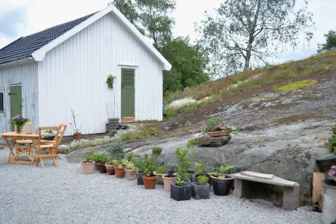 En vit stuga med gröna detaljer och ett bord med stolar på en grusad uteplats. Blommor och växter i krukor pryder den steniga sluttningen.