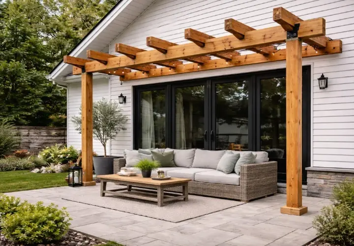 En vacker uteplats med en träpergola som ramar in soffgruppen. Perfekt för att bygga pergola och njuta av sommaren.