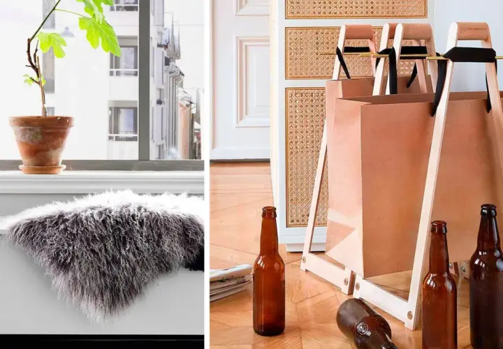 Stilrena påsar för sopsortering i hushåll, med trähandtag och bruna flaskor på golvet.