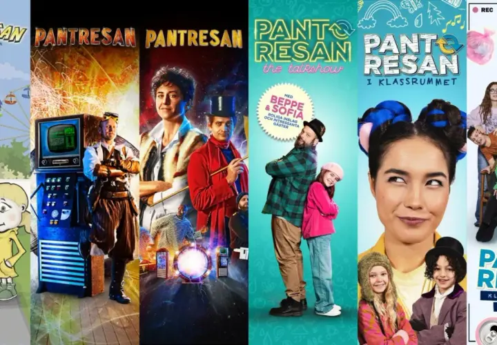 Collage med "Pantsresan" – en resa för att lära sig om återvinning och klimatsmart liv. Här visas olika delar av projektet, inklusive barn, artister och budskap om pantflaskor.