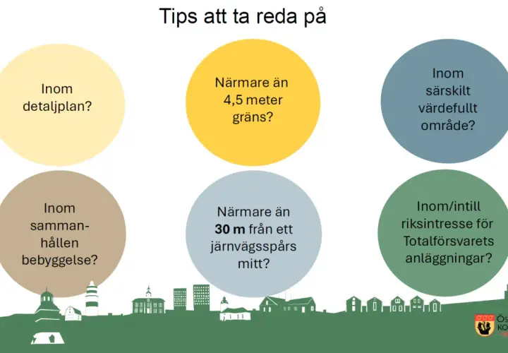 Tips för att ta reda på: Inom detaljplan? Närmare än 4,5 m? Särskilt värdefullt område? Inom sammanhållen bebyggelse? Närmare än 30 m från järnväg? Riksintresse för totalförsvaret? SBN 80.