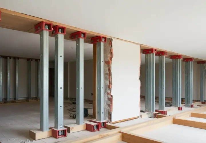 Stålbalk dimensionering pågår i ett rum under renovering. Flera pelare av stål stöttar upp en bjälke, redo för att bära tyngre laster.
