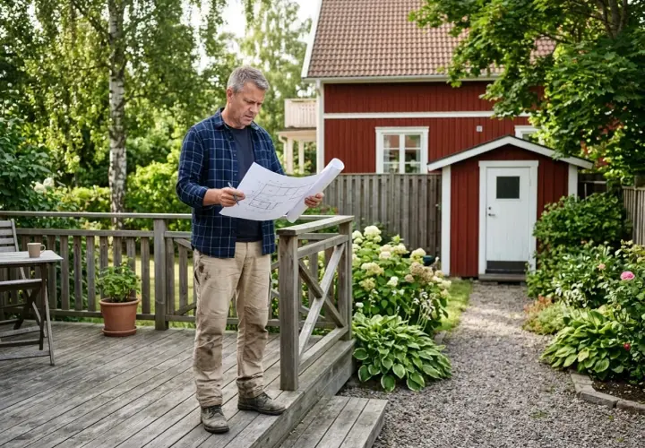 Man granskar ritningar på altanen. Kanske för att undvika en sanktionsavgift för bygglov.