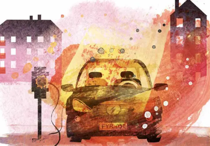 Illustration av laddinfrastruktur för elbilar, med hus och en bil som laddas. Boverket arbetar för en hållbar framtid.