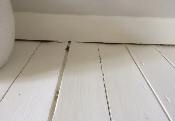 Vita träplankor med sprickor och ojämnheter, redo att slipa målat golv för en jämnare yta.
