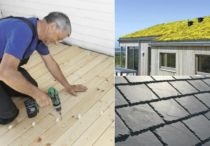 Man bygger altan med trä. Ett hus med grönt tak och skiffertak visar hållbara material.