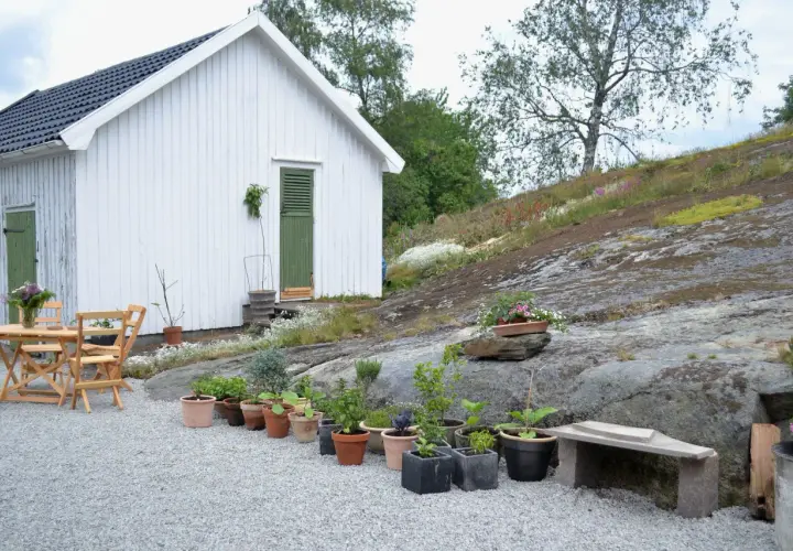En vit stuga med gröna detaljer och ett bord med stolar på en grusad uteplats. Blommor och växter i krukor pryder den steniga sluttningen.