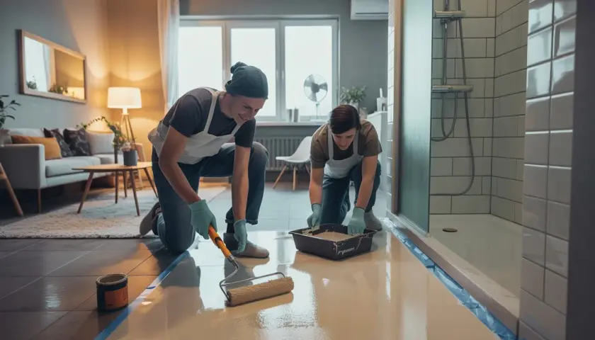 Två personer målar en korkmatta med en roller.