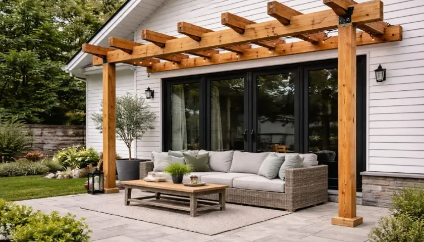 En vacker uteplats med en träpergola som ramar in soffgruppen. Perfekt för att bygga pergola och njuta av sommaren.