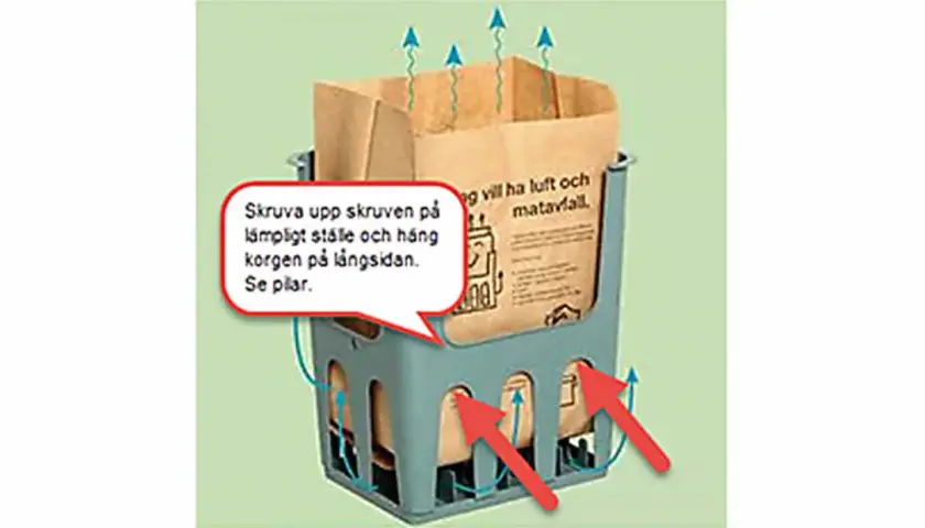 En behållare för matavfall med en papperspåse inuti. Pilarna visar hur luften cirkulerar för att underlätta matavfall återvinning.