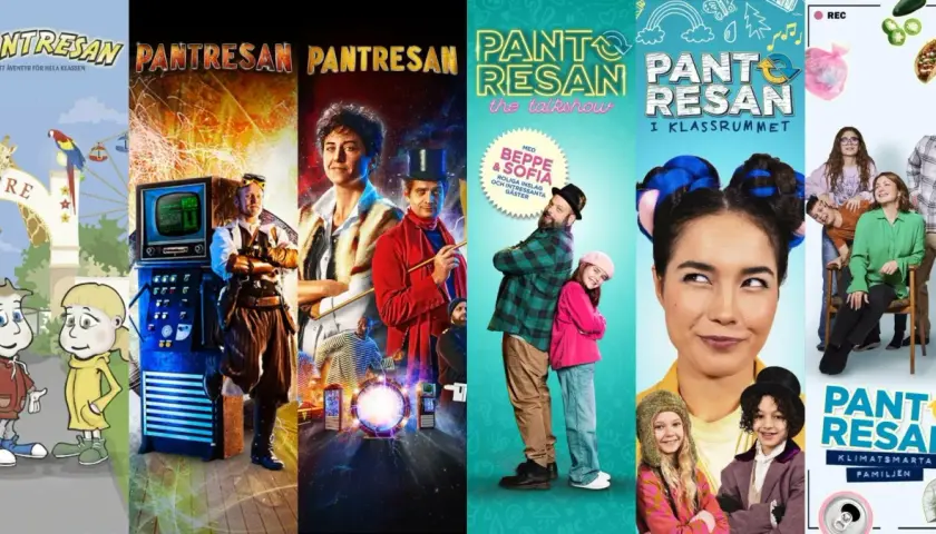 Collage med "Pantsresan" – en resa för att lära sig om återvinning och klimatsmart liv. Här visas olika delar av projektet, inklusive barn, artister och budskap om pantflaskor.