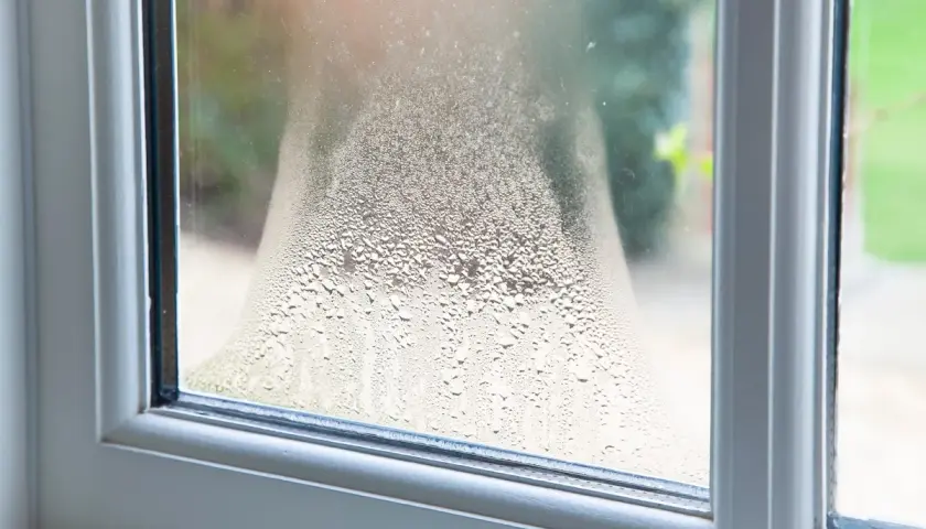 Kondens på fönstret, som om det blåser i ventilationen. Vattendroppar bildar ett mönster på glaset.