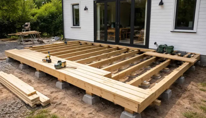 Bygga altan på plintar. Träkonstruktion för en ny altan tar form, med bjälkar vilande på betongplintar. Verktyg och virke ligger redo.