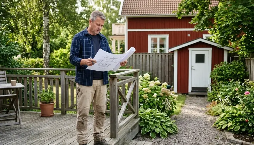 Man granskar ritningar på altanen. Kanske för att undvika en sanktionsavgift för bygglov.