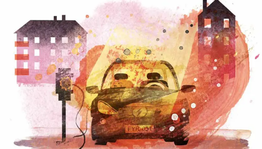 Illustration av laddinfrastruktur för elbilar, med hus och en bil som laddas. Boverket arbetar för en hållbar framtid.