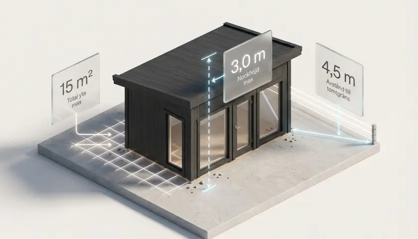 En svart friggebod med måtten 15 m² total yta, 3,0 m nockhöjd max och 4,5 m avstånd till tomtgräns.