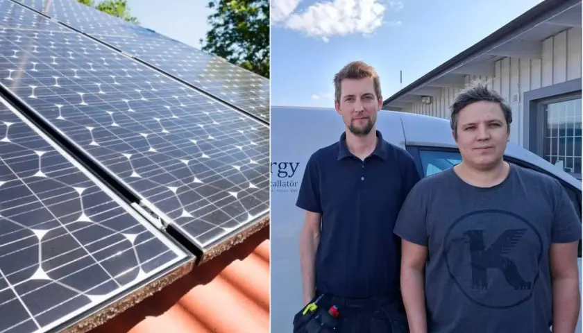 Två män står framför en bil med texten "Energy Installatör". Till vänster syns solceller på ett tak. Viktigt att tänka på brandrisk solceller vid installation.