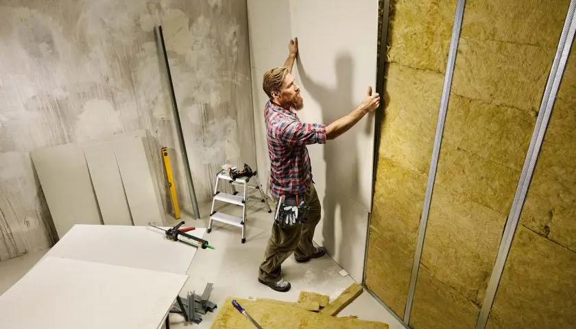 Byggare monterar en gipsskiva på en vägg med isolering. Gipsskivor består av gips, ett mineral som är vanligt i byggmaterial.
