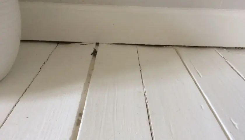 Vita träplankor med sprickor och ojämnheter, redo att slipa målat golv för en jämnare yta.