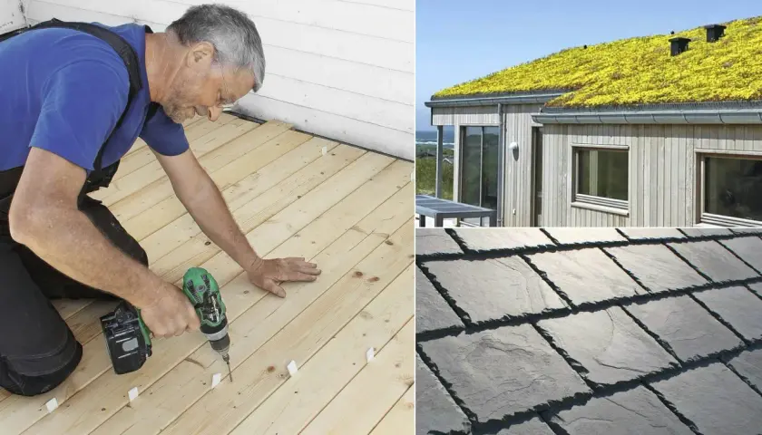 Man bygger altan med trä. Ett hus med grönt tak och skiffertak visar hållbara material.