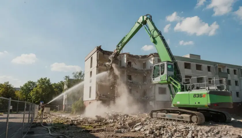 Grön grävmaskin river en byggnad. Vatten sprutas för att dämpa dammet, en del av arbetet för att återvinna betong.