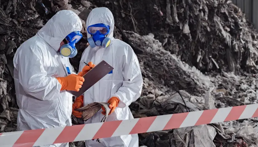 Två personer i skyddsdräkter och gasmasker inspekterar avfall. De följer asbestsanering regler för att säkerställa en trygg miljö.