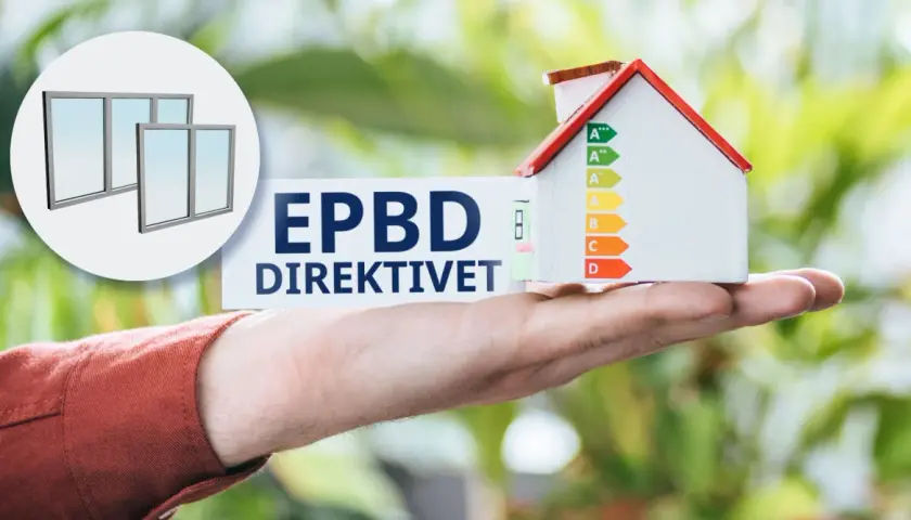 En hand håller upp ett hus med energimärkning och texten "EPBD DIREKTIVET". Till vänster syns en cirkel med fönster.