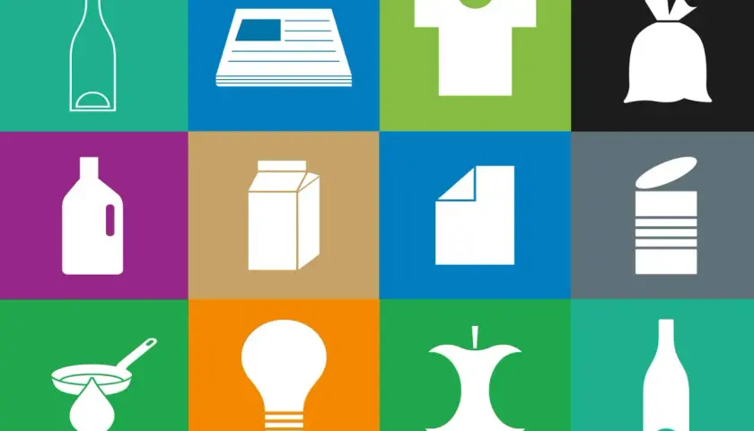 Grafik som visar olika återvinningssymboler: glasflaska, tidning, t-shirt, soppåse, dunk, mjölkpaket, papper, konservburk, stekpanna med droppe, glödlampa, äppelkärna. Allt för svensk glasåtervinning.
