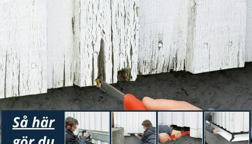 Renovering av ett funkishus från 40-talet. Bilderna visar hur man lagar vittrande träfasad, kapar brädor och monterar ny list.