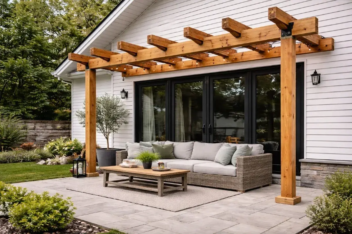 En vacker uteplats med en träpergola som ramar in soffgruppen. Perfekt för att bygga pergola och njuta av sommaren.