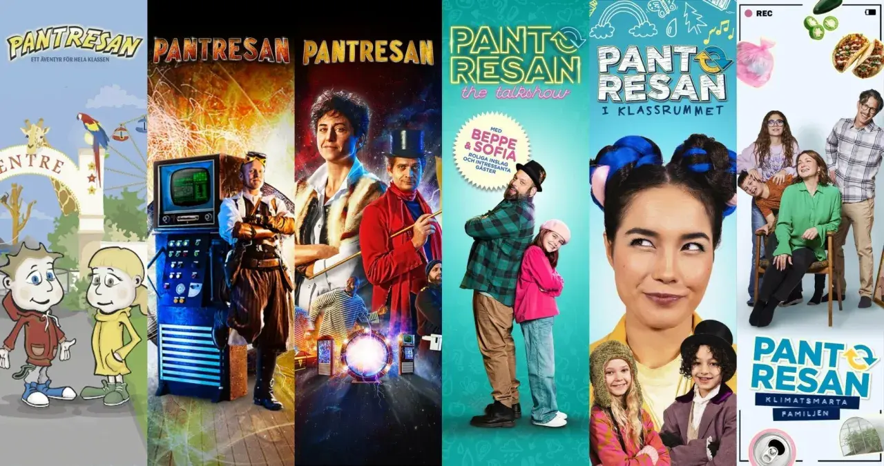 Collage med "Pantsresan" – en resa för att lära sig om återvinning och klimatsmart liv. Här visas olika delar av projektet, inklusive barn, artister och budskap om pantflaskor.