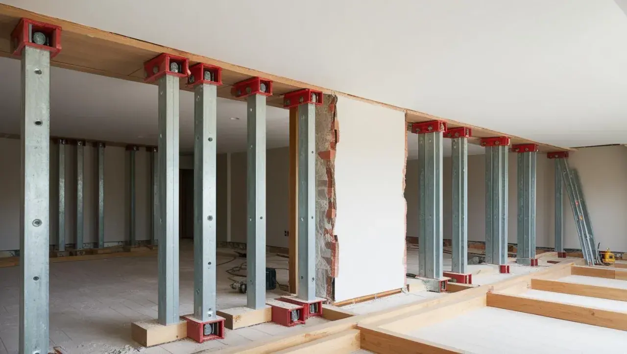 Stålbalk dimensionering pågår i ett rum under renovering. Flera pelare av stål stöttar upp en bjälke, redo för att bära tyngre laster.