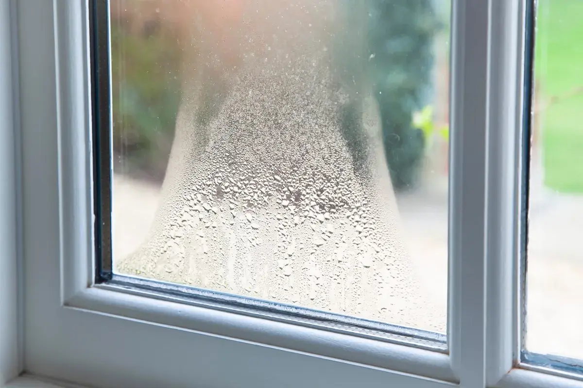 Kondens på fönstret, som om det blåser i ventilationen. Vattendroppar bildar ett mönster på glaset.