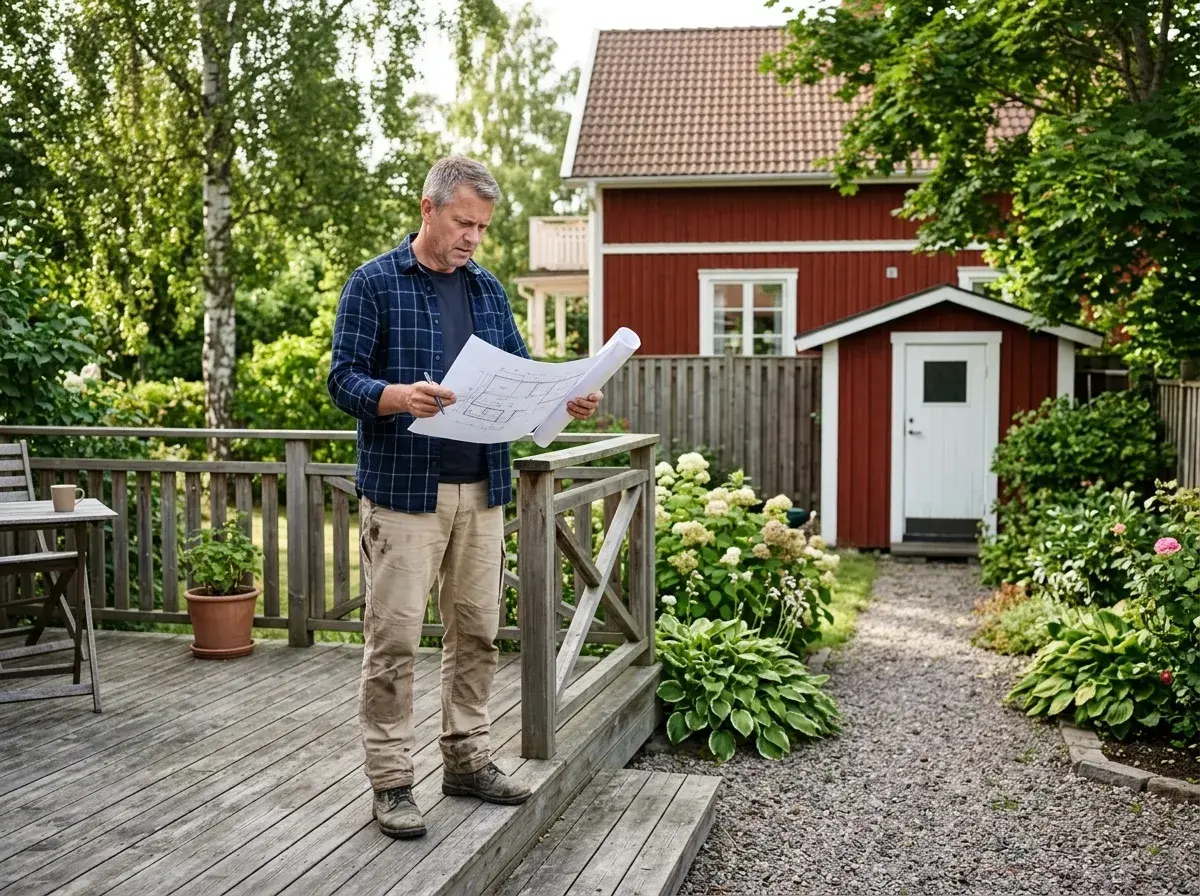 Man granskar ritningar på altanen. Kanske för att undvika en sanktionsavgift för bygglov.