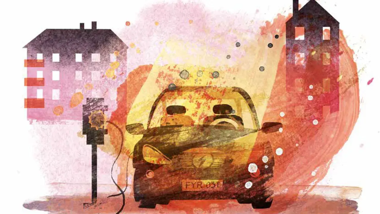 Illustration av laddinfrastruktur för elbilar, med hus och en bil som laddas. Boverket arbetar för en hållbar framtid.